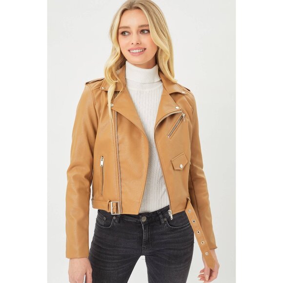 Jackets & Blazers - NWT Faux Leather Zip-Up Biker Jacket Camel Vegan Moto Coat Size Large